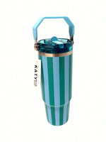 Teal and blue striped tumbler with handle on a white background