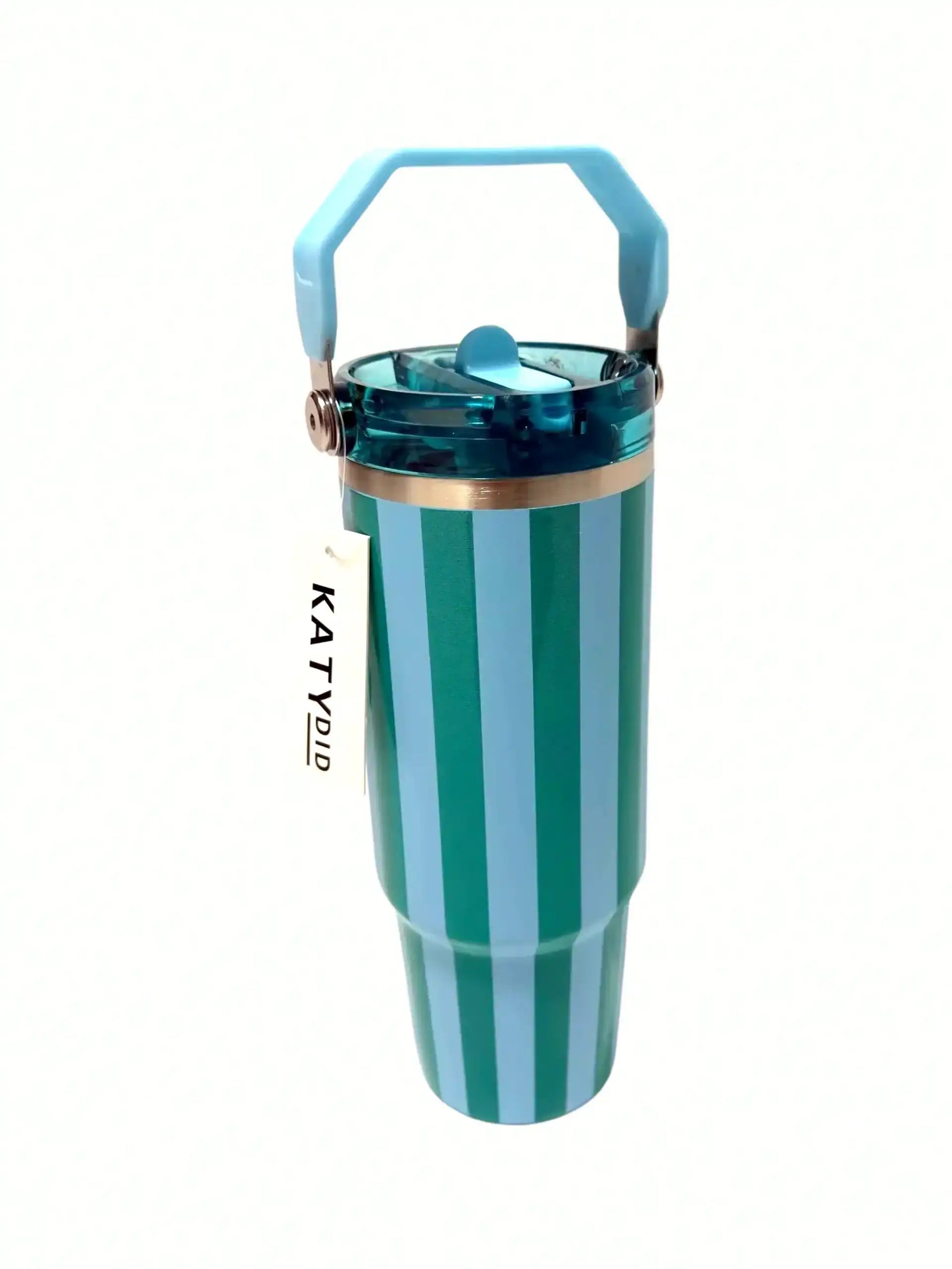 Teal and blue striped tumbler with handle on a white background