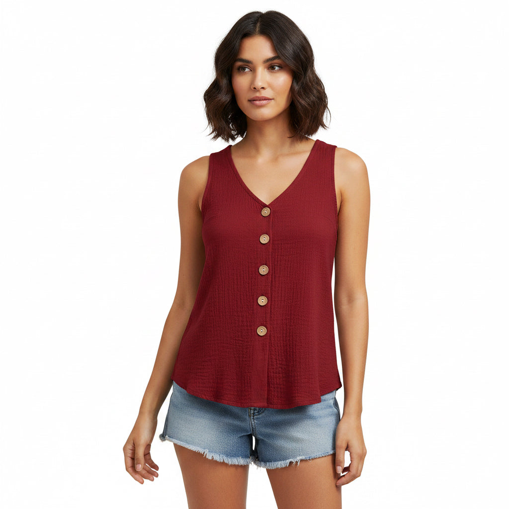 Woman wearing a red button-up tank top and denim shorts on a white background