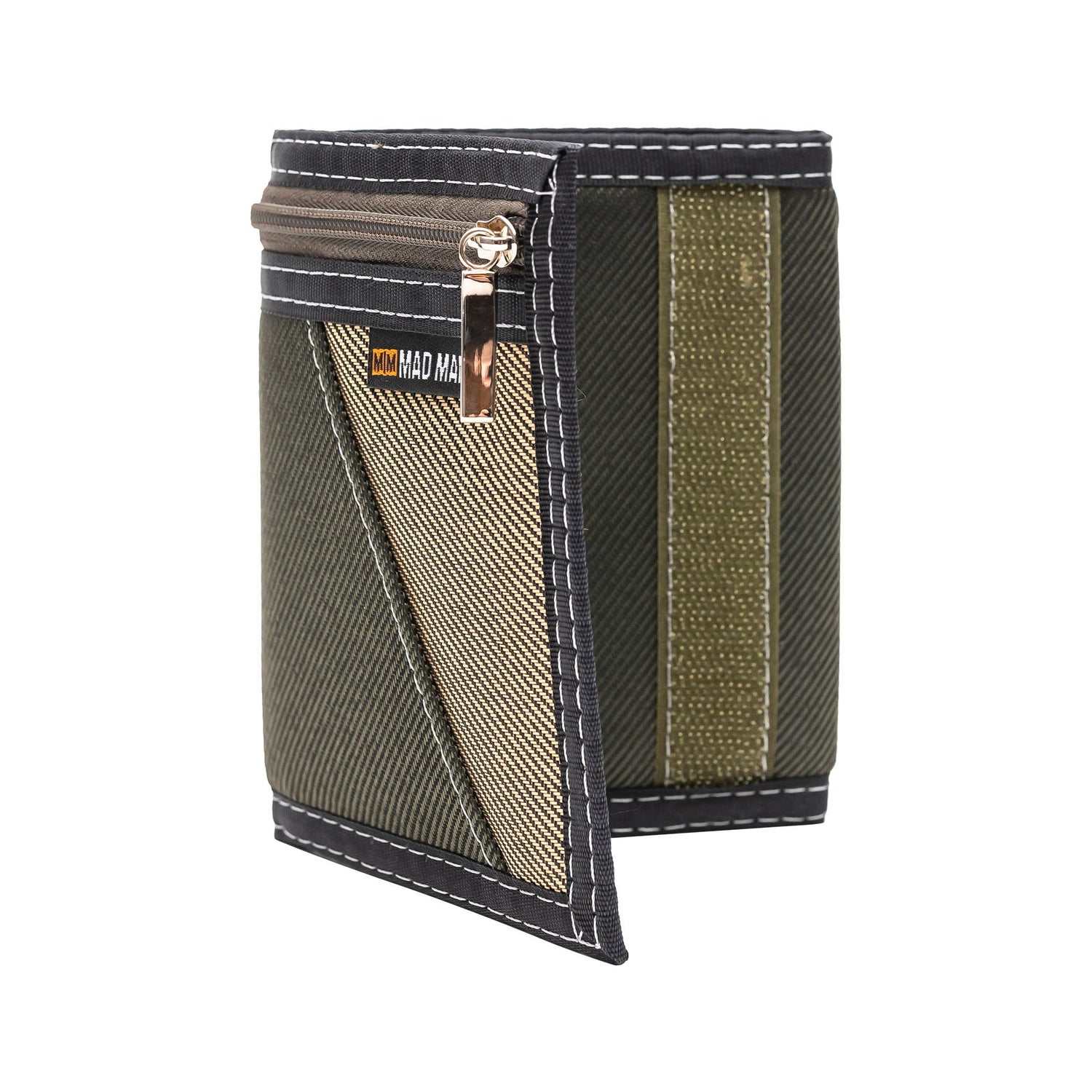 Green and brown wallet with a visible brand logo on a white background
