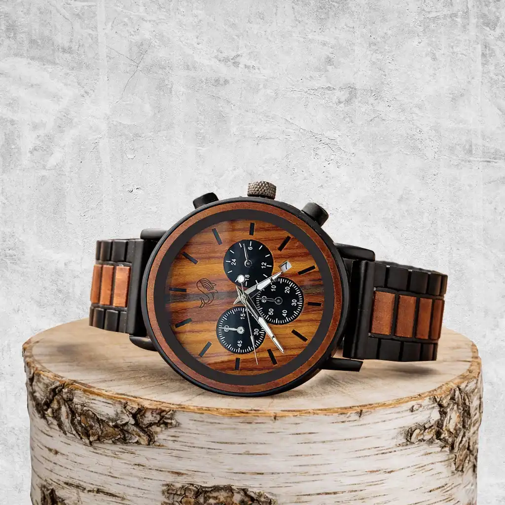 Wooden watch with black accents on a wooden stand against a gray concrete background