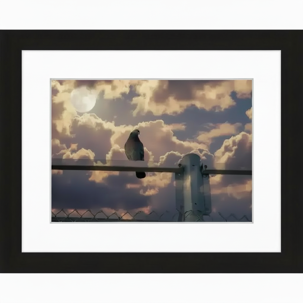 Pigeon perched on fence against cloudy sky with full moon, framed print