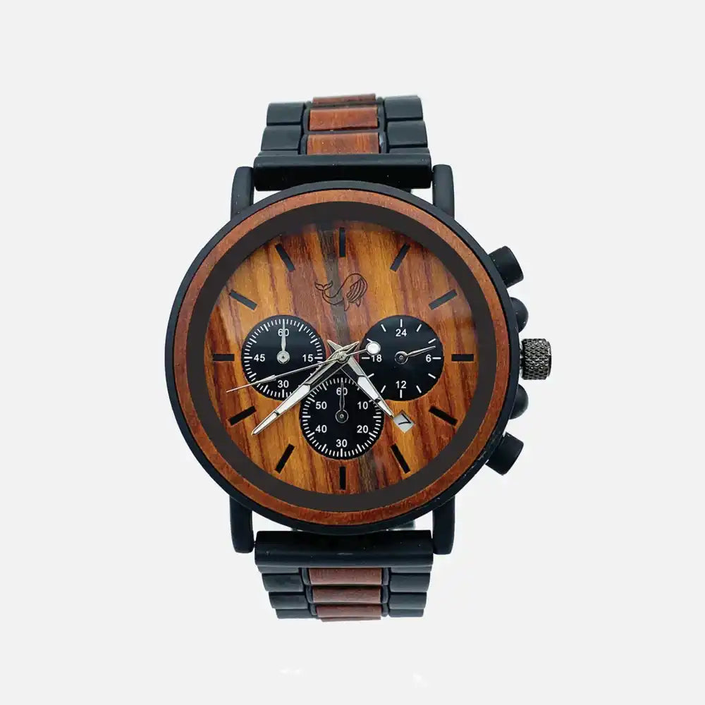 Wooden watch with black strap and detailed face on a white background