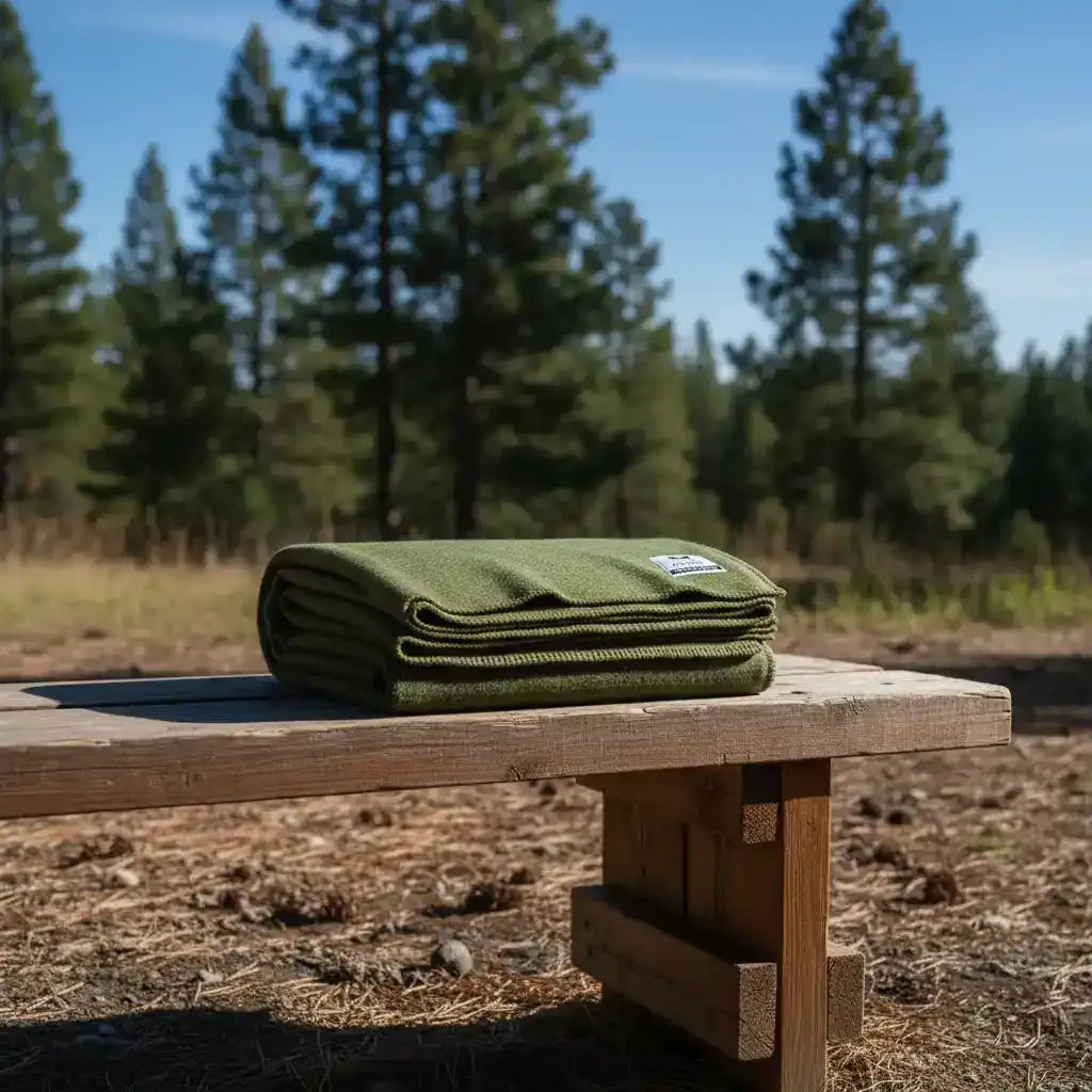 Olive green folded blanket on rustic wooden bench in forest setting under blue sky