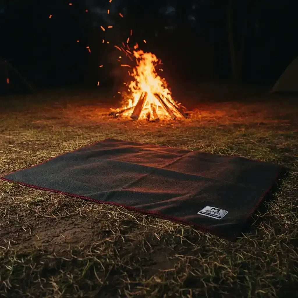 Black camping blanket with red trim on grass near glowing campfire at night