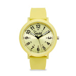Yellow watch with a white face on a white background