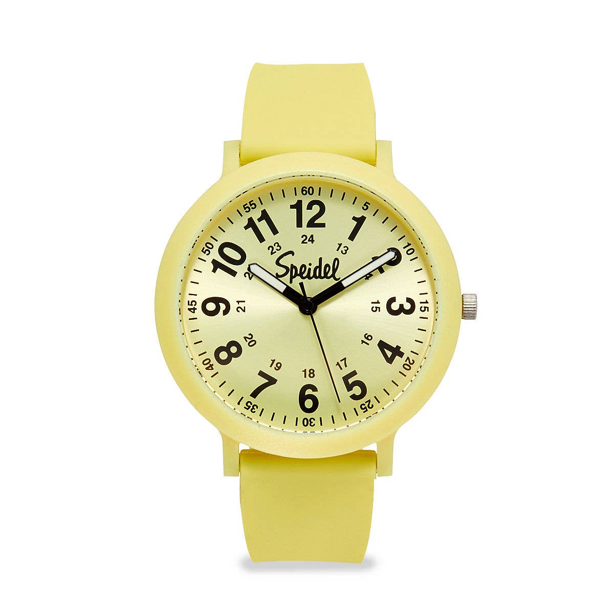 Yellow watch with a white face on a white background