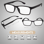 Black eyeglasses with measurements on a gray background