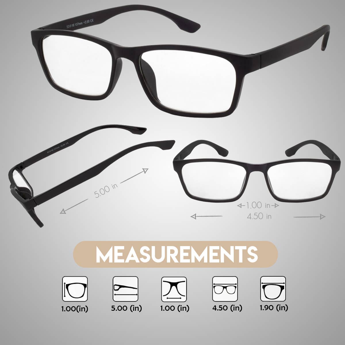 Black eyeglasses with measurements on a gray background
