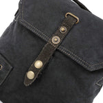 Close-up of a dark gray bag with a leather strap and brass buttons on a white background