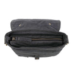 Black leather bag with open flap on a white background