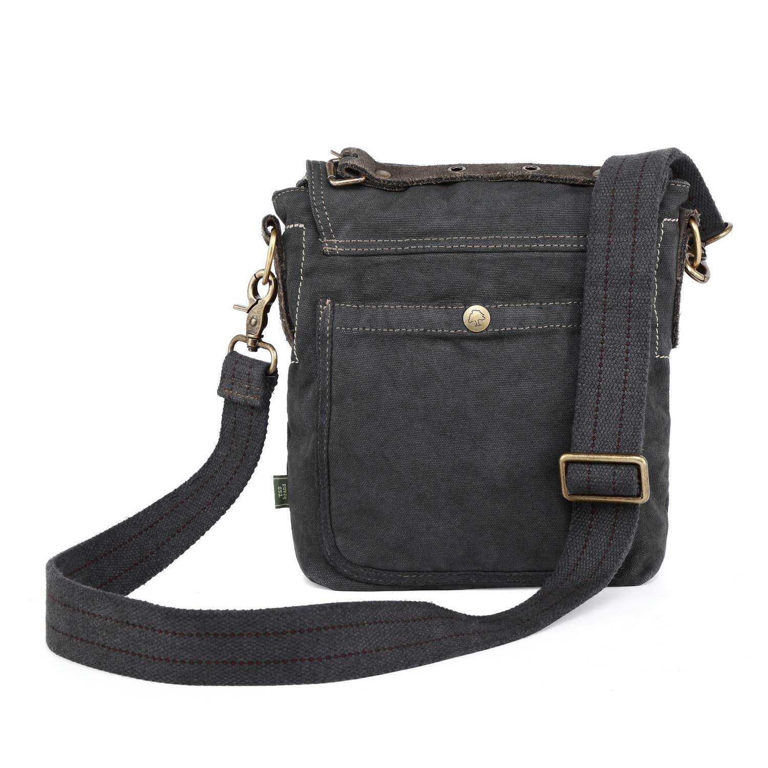 Black crossbody bag with a strap on a white background