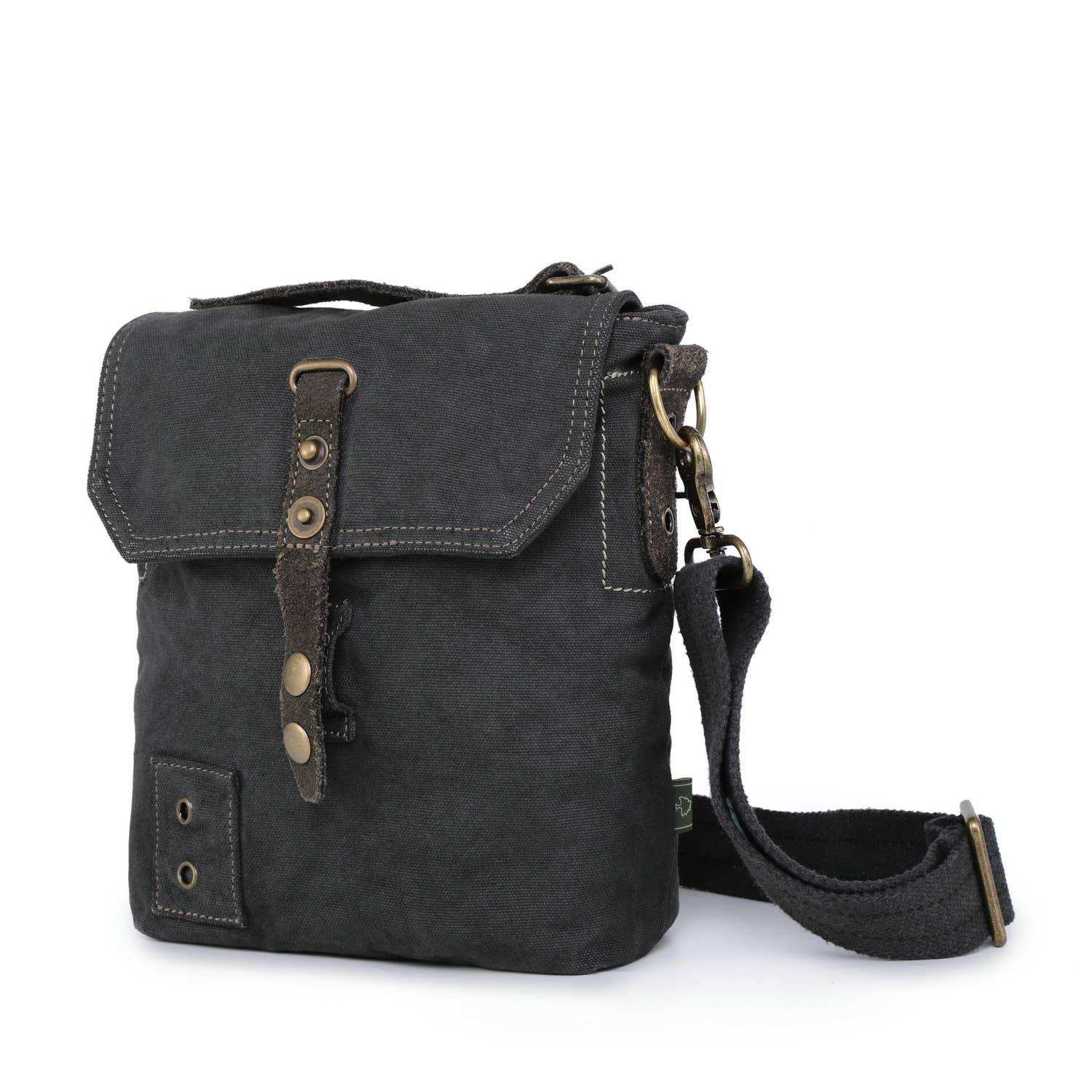 Black leather backpack with a strap on a white background