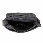 Open black handbag with gold zipper on a white background