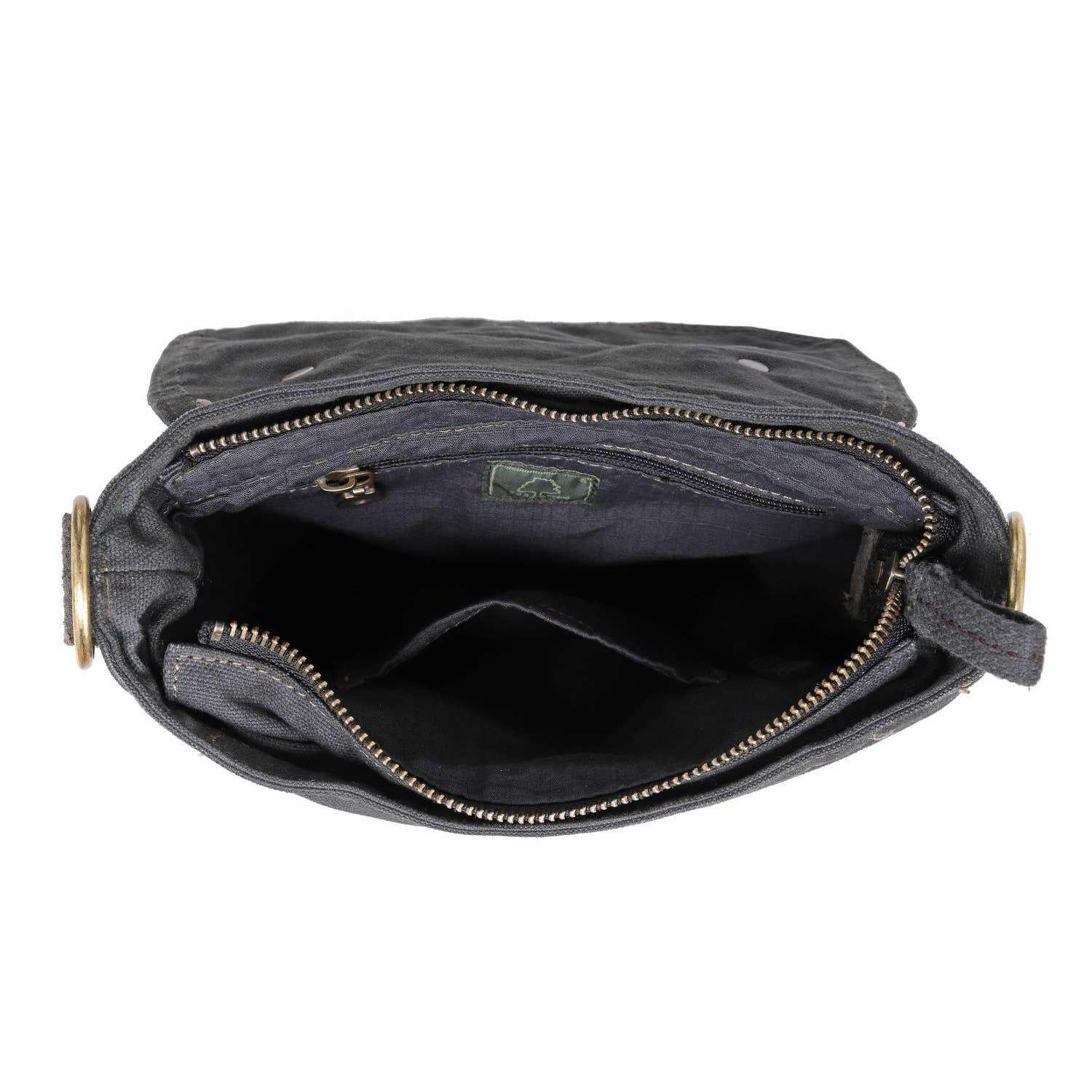 Open black handbag with gold zipper on a white background