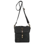 Black canvas crossbody bag with leather accents on a white background