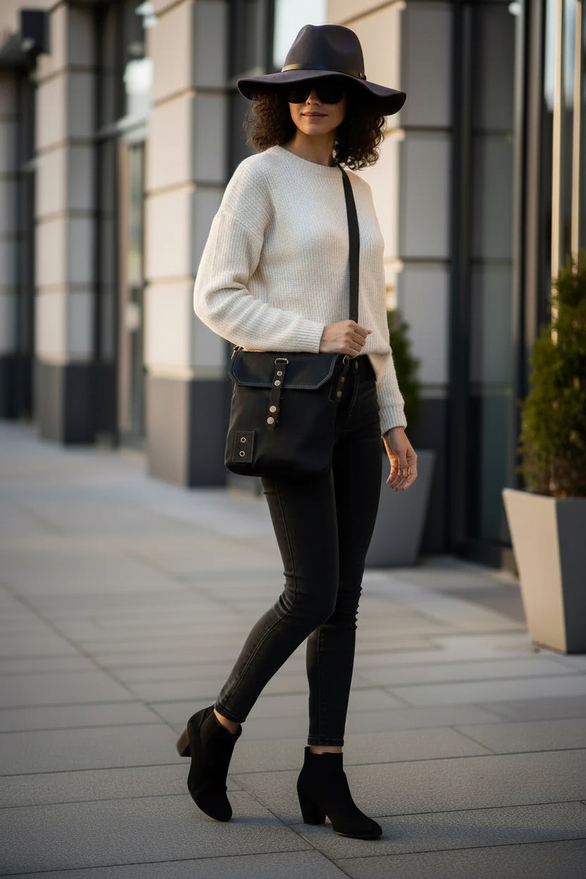 Black canvas crossbody bag with leather strap and metal hardware