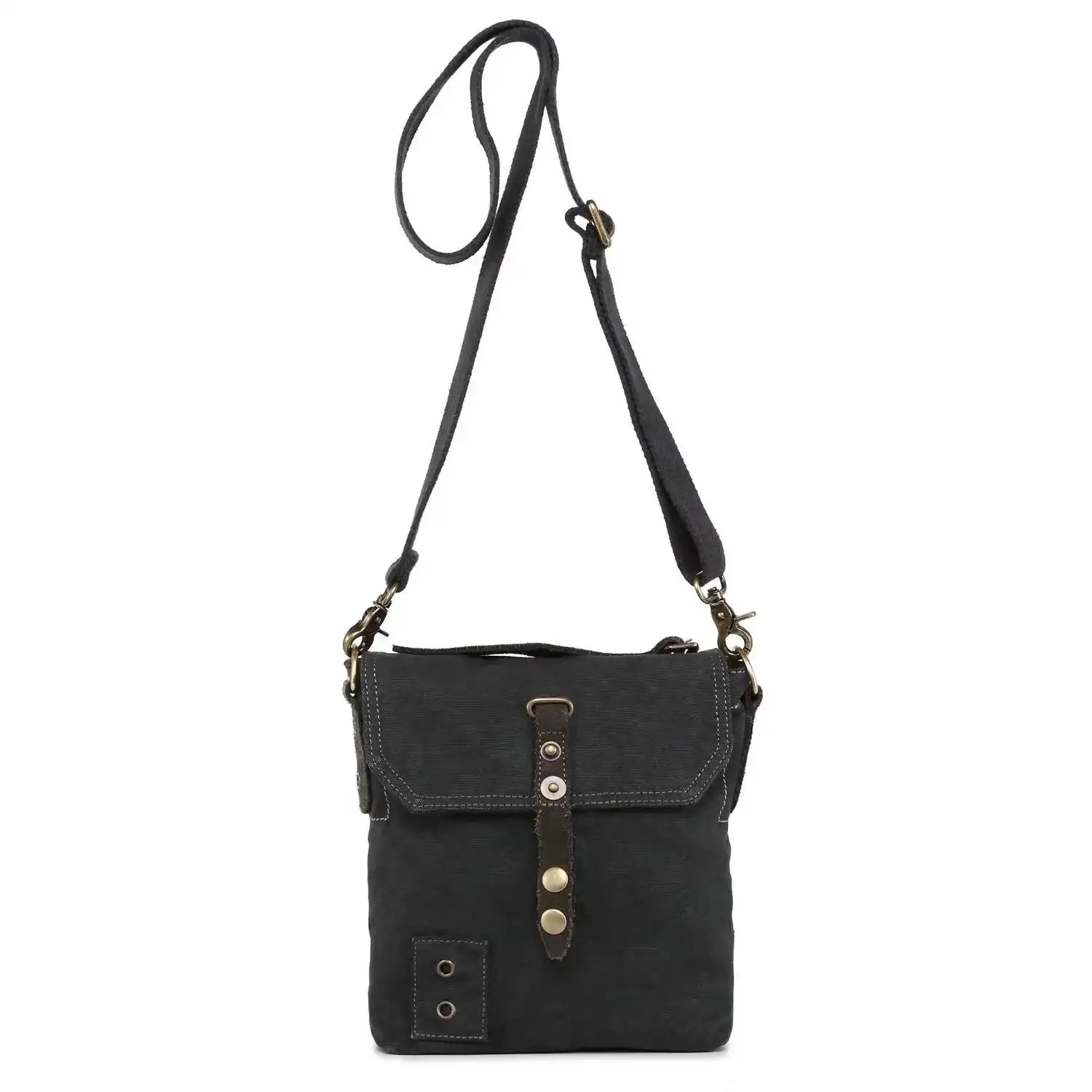 Black canvas crossbody bag with leather accents on a white background