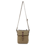 Brown leather crossbody bag with a strap on a white background