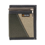 Green and beige wallet with a zipper on a white background