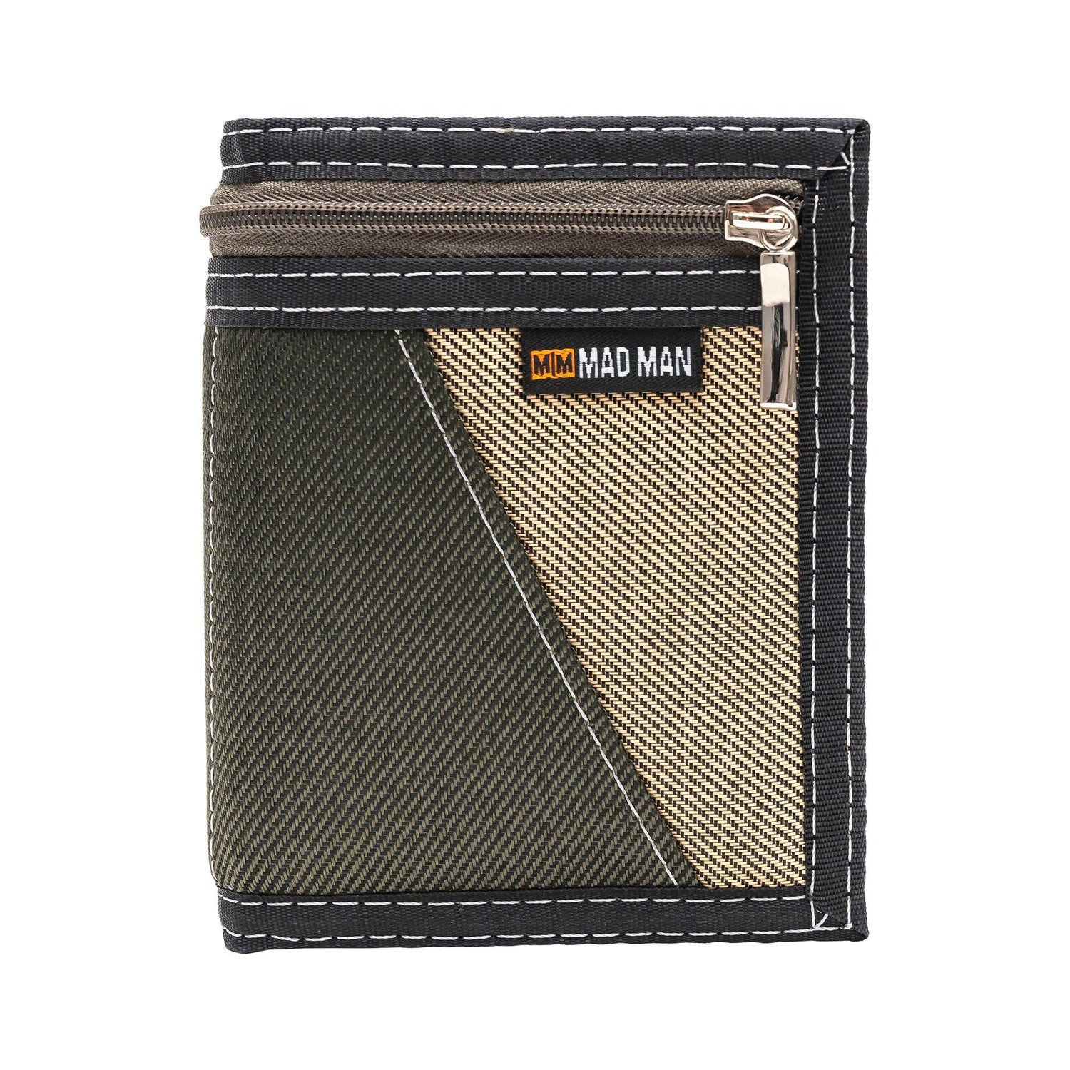 Green and beige wallet with a zipper on a white background