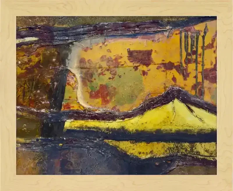 Abstract yellow and black textured artwork in light wood frame, modern wall decor