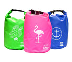 Three colorful waterproof bags with turtle, flamingo, and anchor designs, labeled 'WATER PROOF BAG'