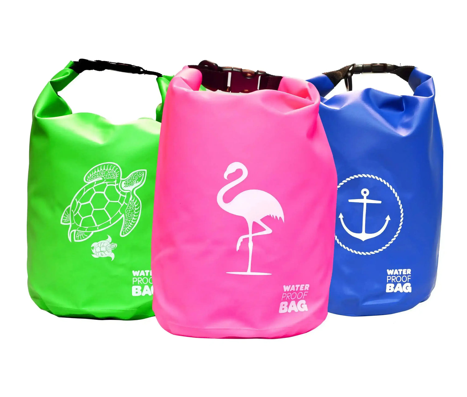 Three colorful waterproof bags with turtle, flamingo, and anchor designs, labeled 'WATER PROOF BAG'