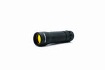 Black flashlight with yellow accent on a white background