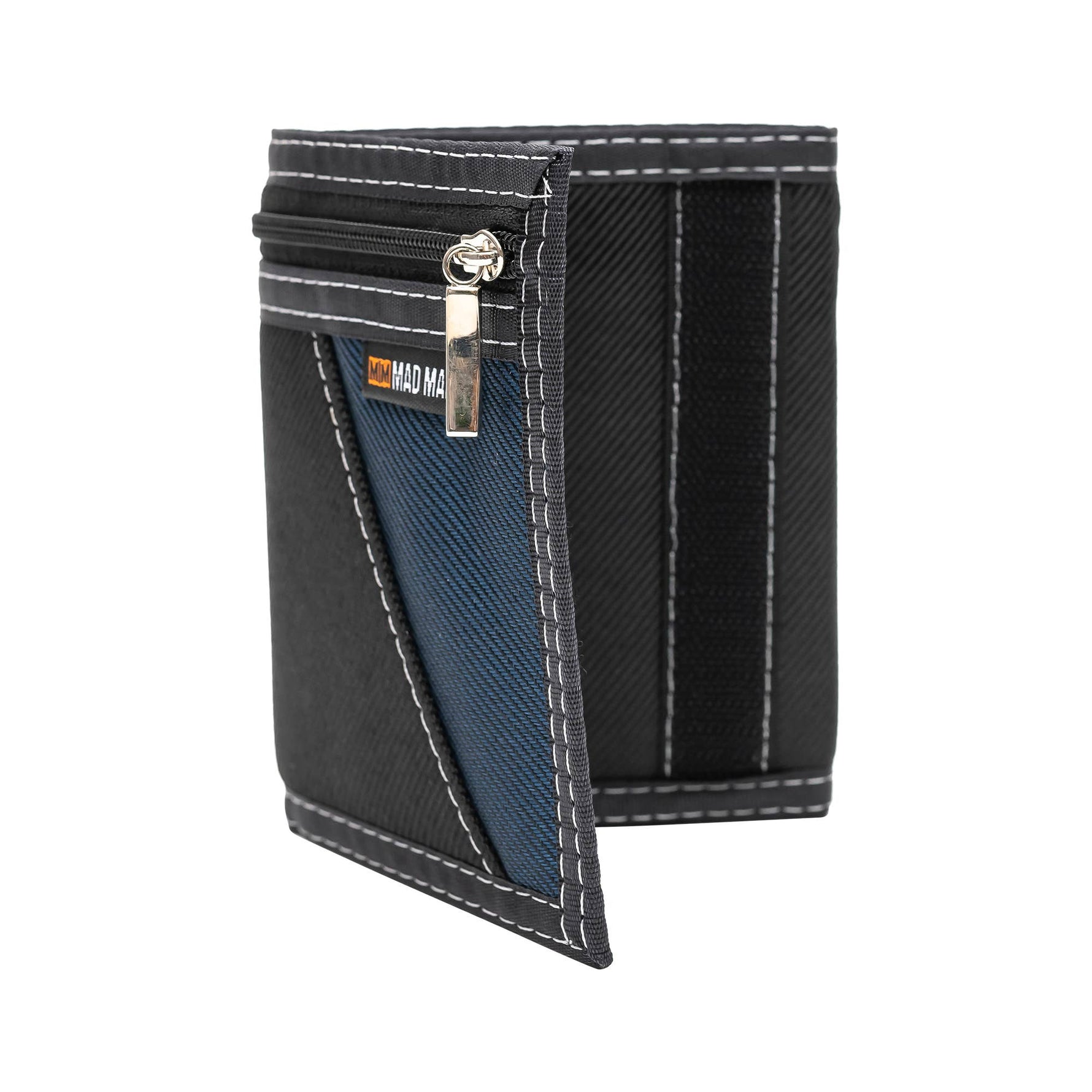 Black and blue trifold wallet with a visible brand logo on a white background