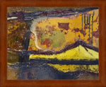 Abstract yellow and black textured artwork in wooden frame, featuring layered paint and rustic details