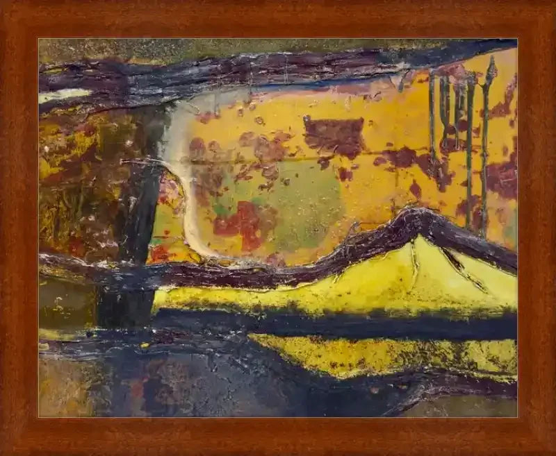 Abstract yellow and black textured artwork in wooden frame, featuring layered paint and rustic details