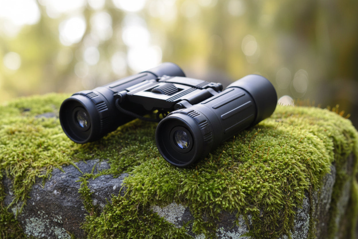 Black binoculars on a rock with a blurred natural background