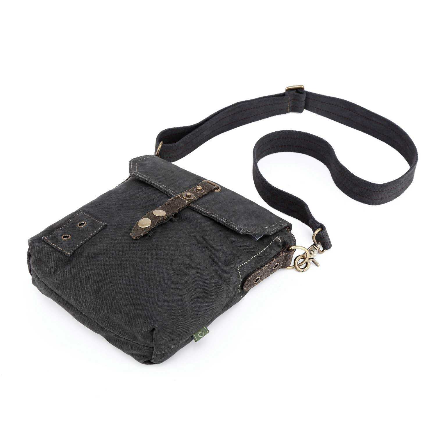 Black leather bag with a strap on a white background