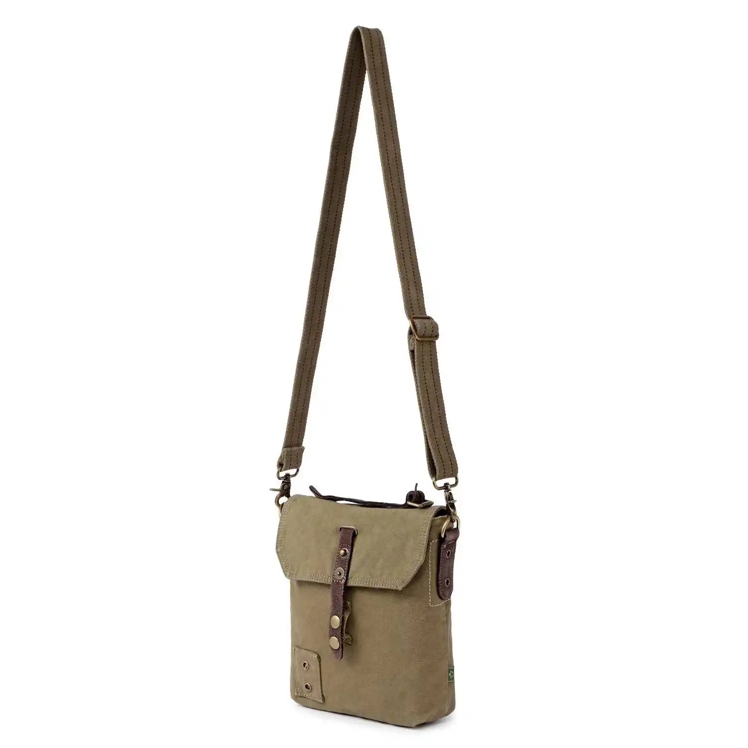 Khaki crossbody bag with leather accents on a white background