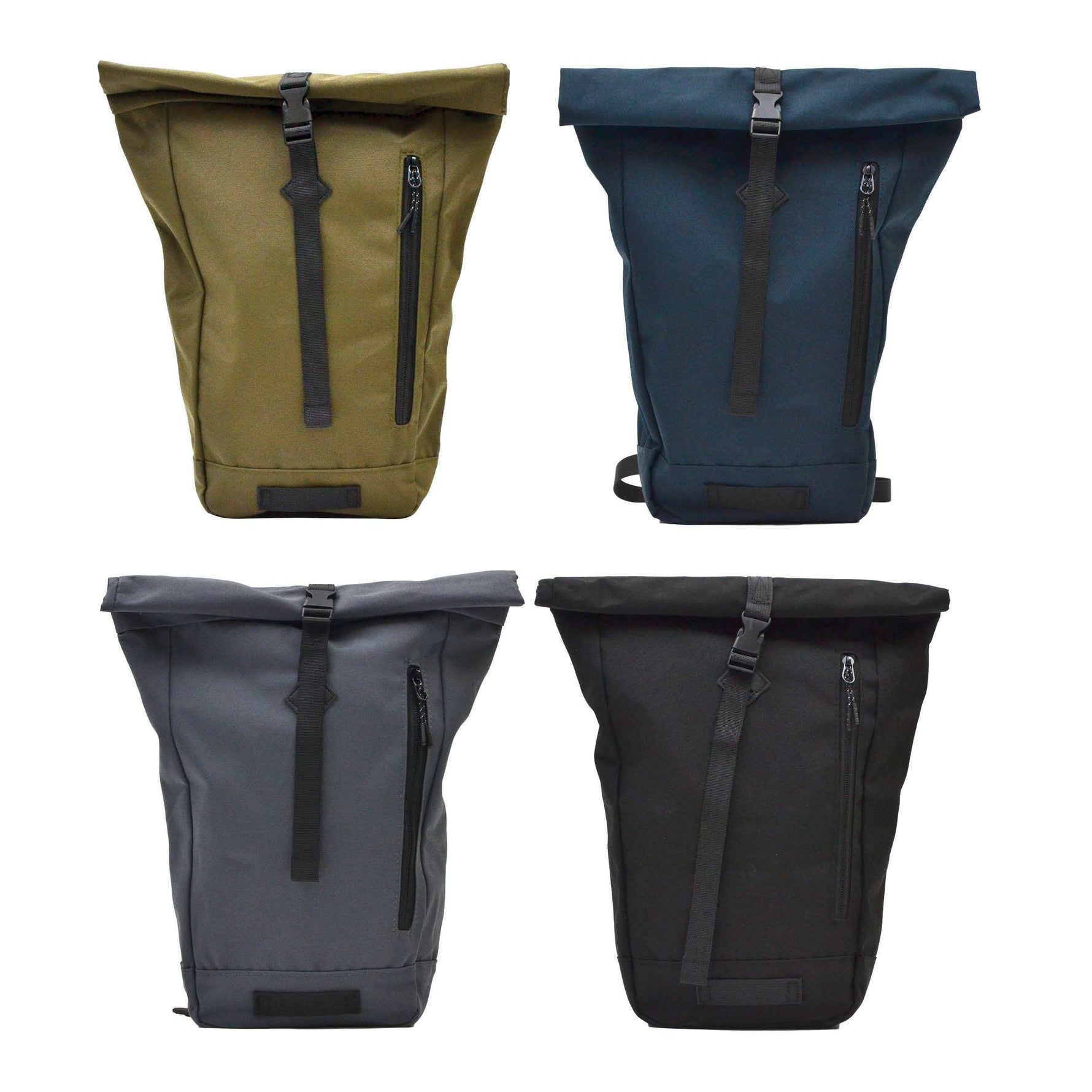 Four roll-top backpacks in olive, navy, gray, and black with front zipper pockets and buckle straps