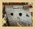 Rusty antique metal hinge with raindrops, nestled in autumn leaves, framed print artwork