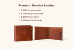 Brown leather wallet with open design showing compartments on a white background