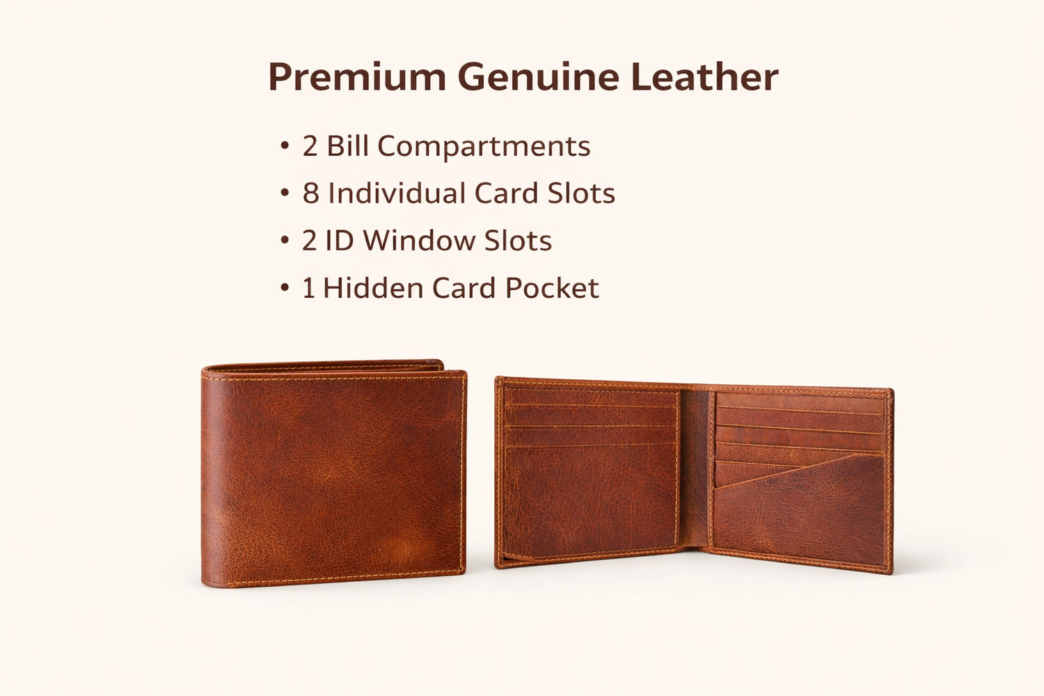 Brown leather wallet with open design showing compartments on a white background