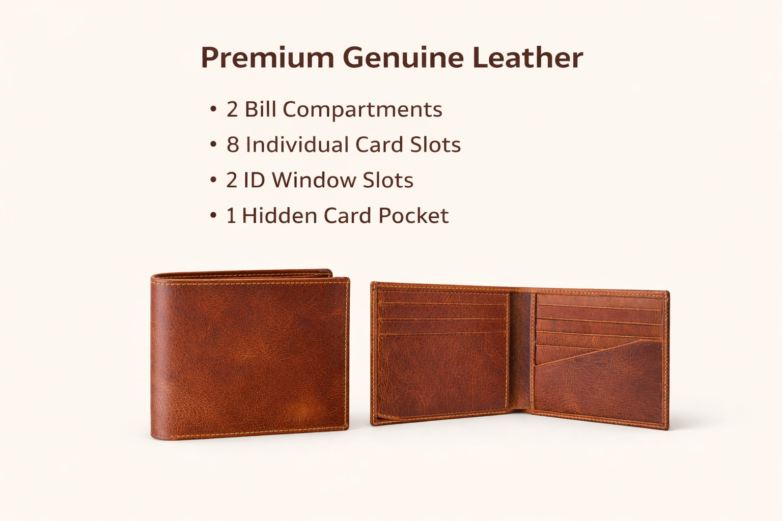 Brown leather wallet with open design showing compartments on a white background
