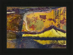 Abstract landscape art print with bold yellow, purple, and green strokes in black frame