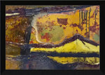 Abstract landscape art print with bold yellow, brown, and black brushstrokes in a black frame