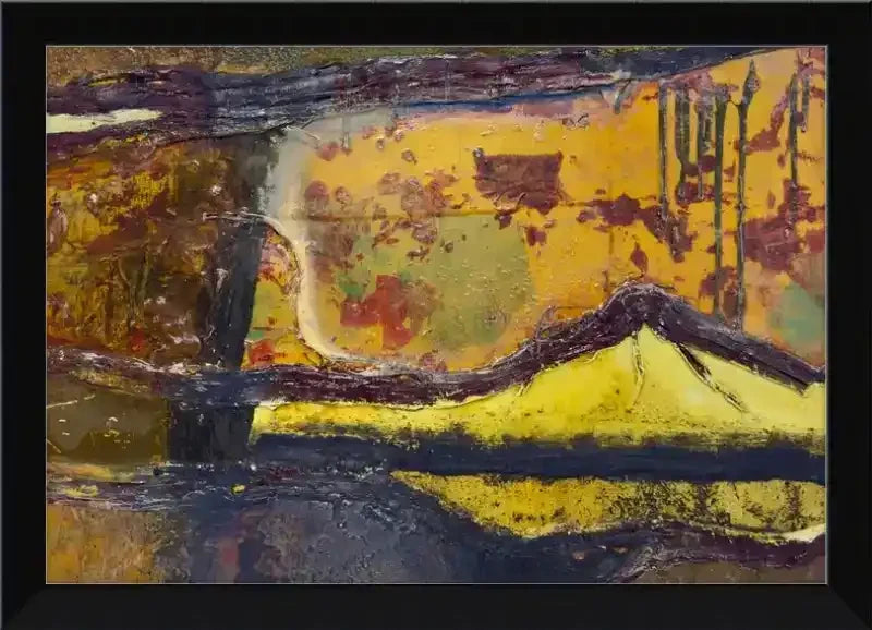 Abstract landscape art print with bold yellow, brown, and black brushstrokes in a black frame