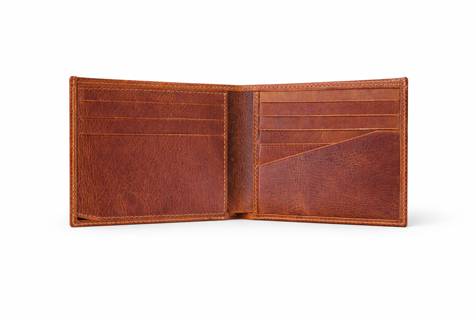 Brown leather wallet open on a white background