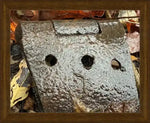 Rusty antique hinge with weathered texture, framed print of vintage hardware among autumn leaves