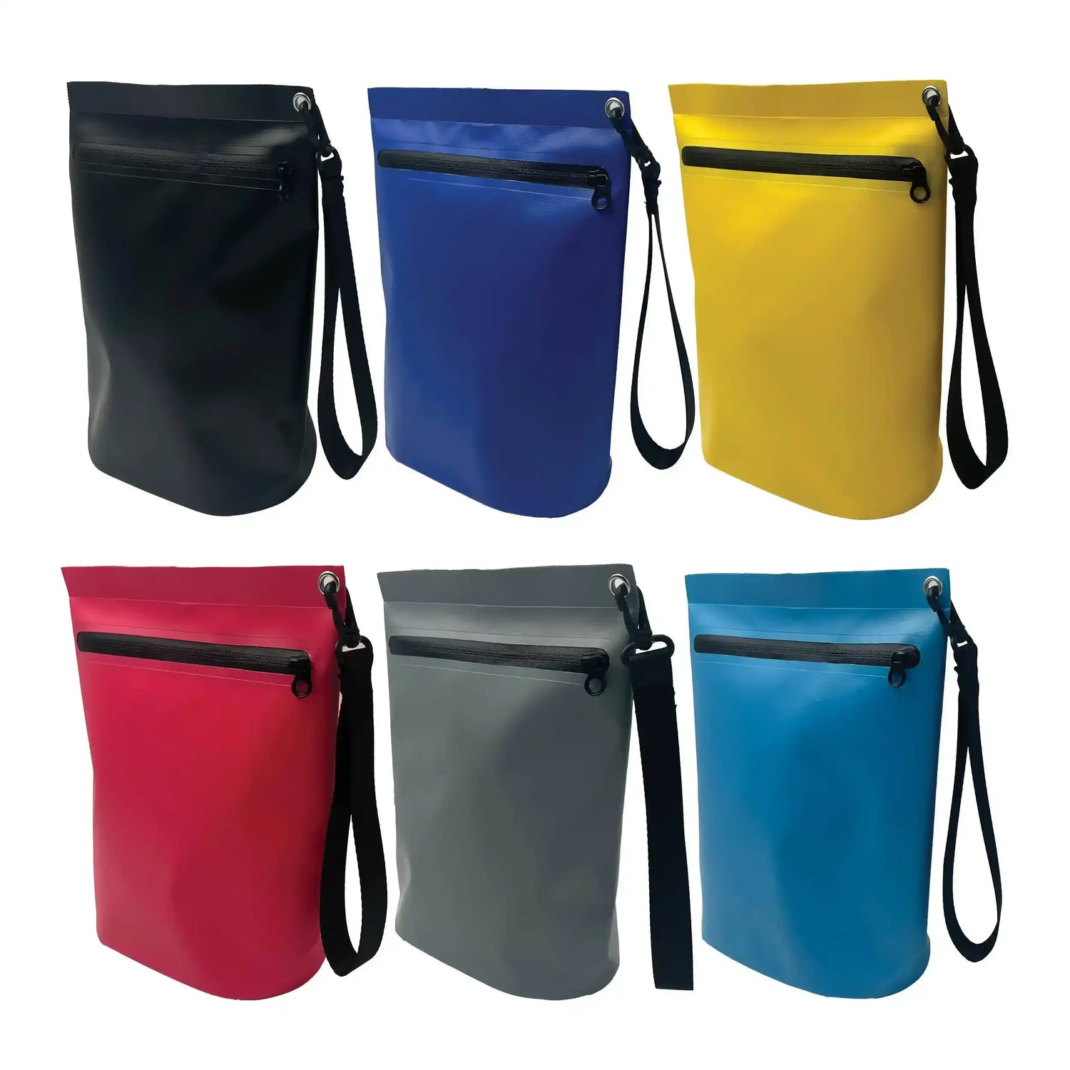 Six colorful waterproof dry bags with wrist straps, ideal for outdoor activities and water sports.