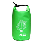 Bright green 2L waterproof dry bag with sea turtle design, ideal for outdoor adventures and water activities.