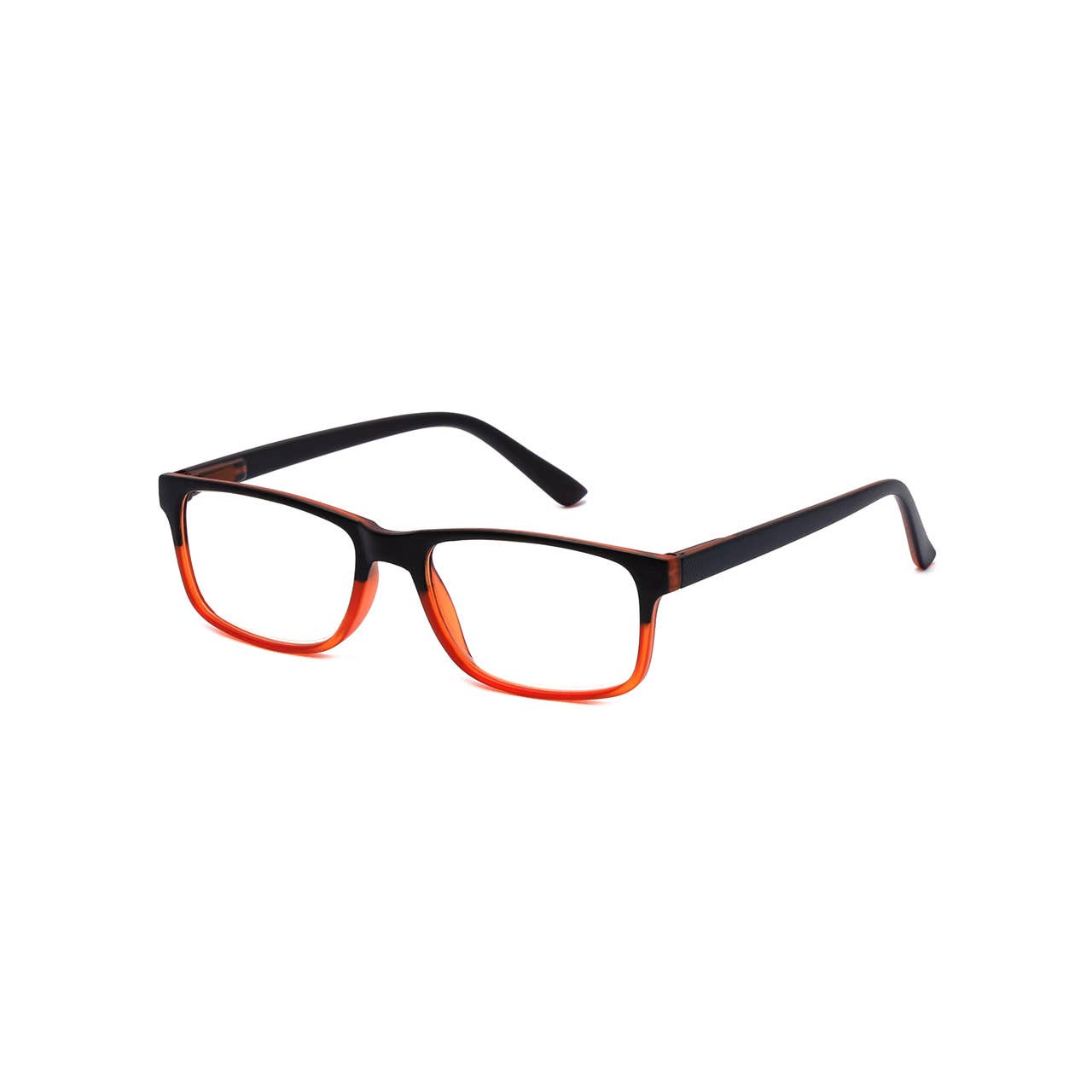 Black and orange eyeglasses on a white background