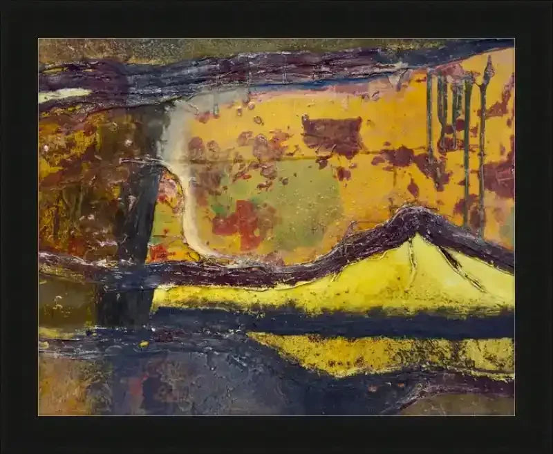 Abstract yellow and black textured artwork in black frame, rustic vintage style print