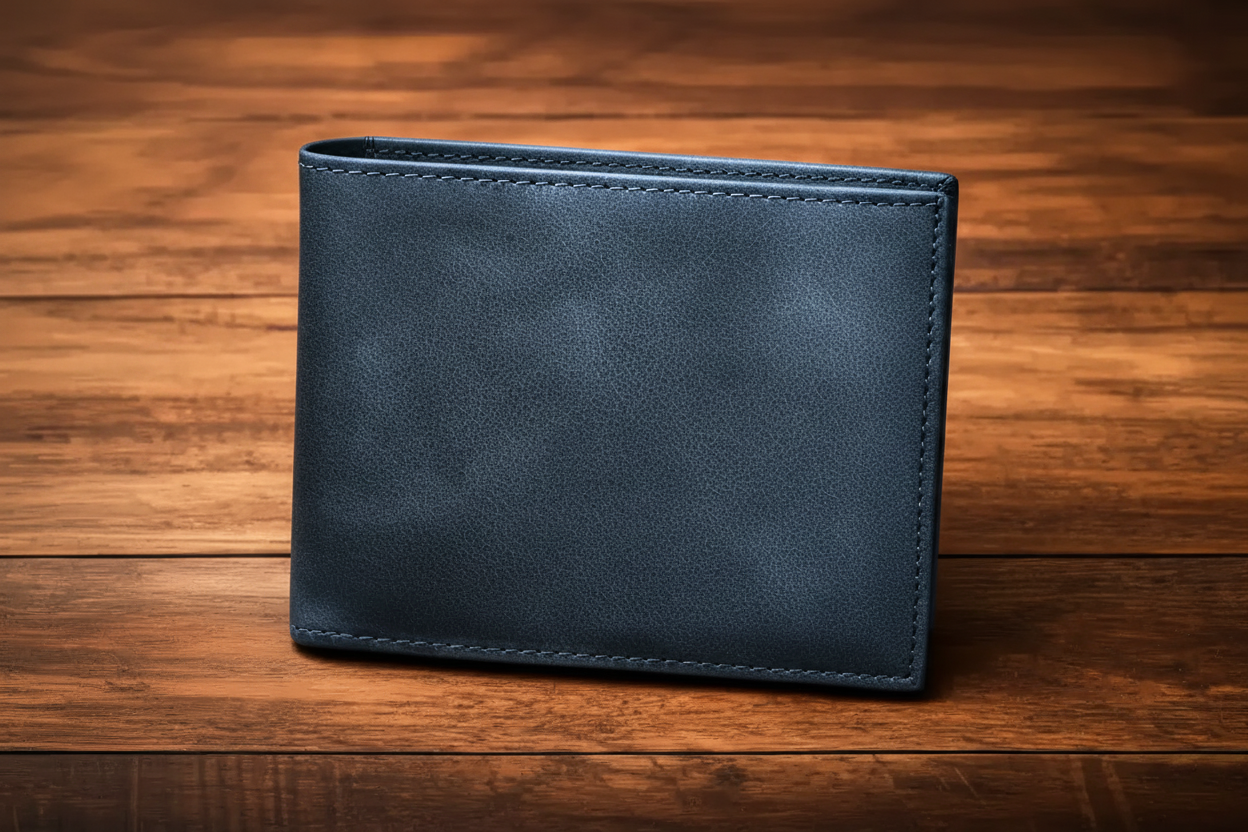 Gray leather wallet with visible stitching on wooden surface